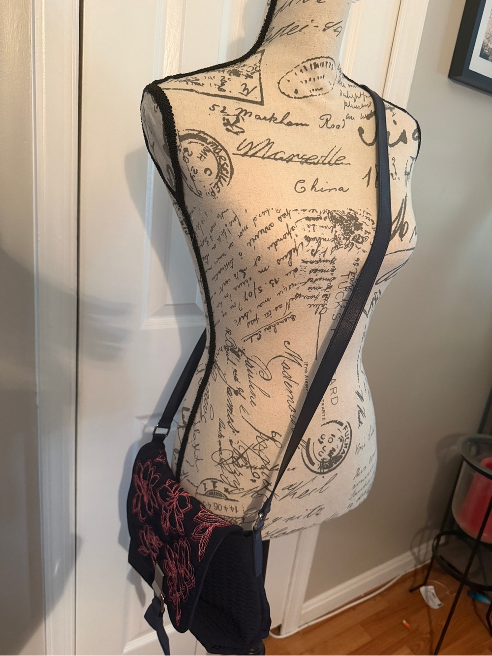 Vera Bradley Navy Crossbody with Pink Floral Embroidery